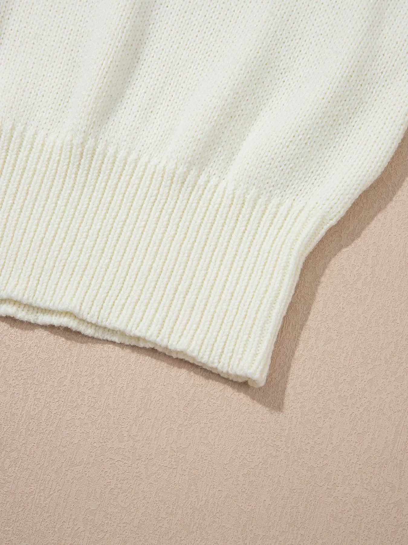 Flower Detail Round Neck Contrast Textured Puff Sleeve Sweater OutfitFlow