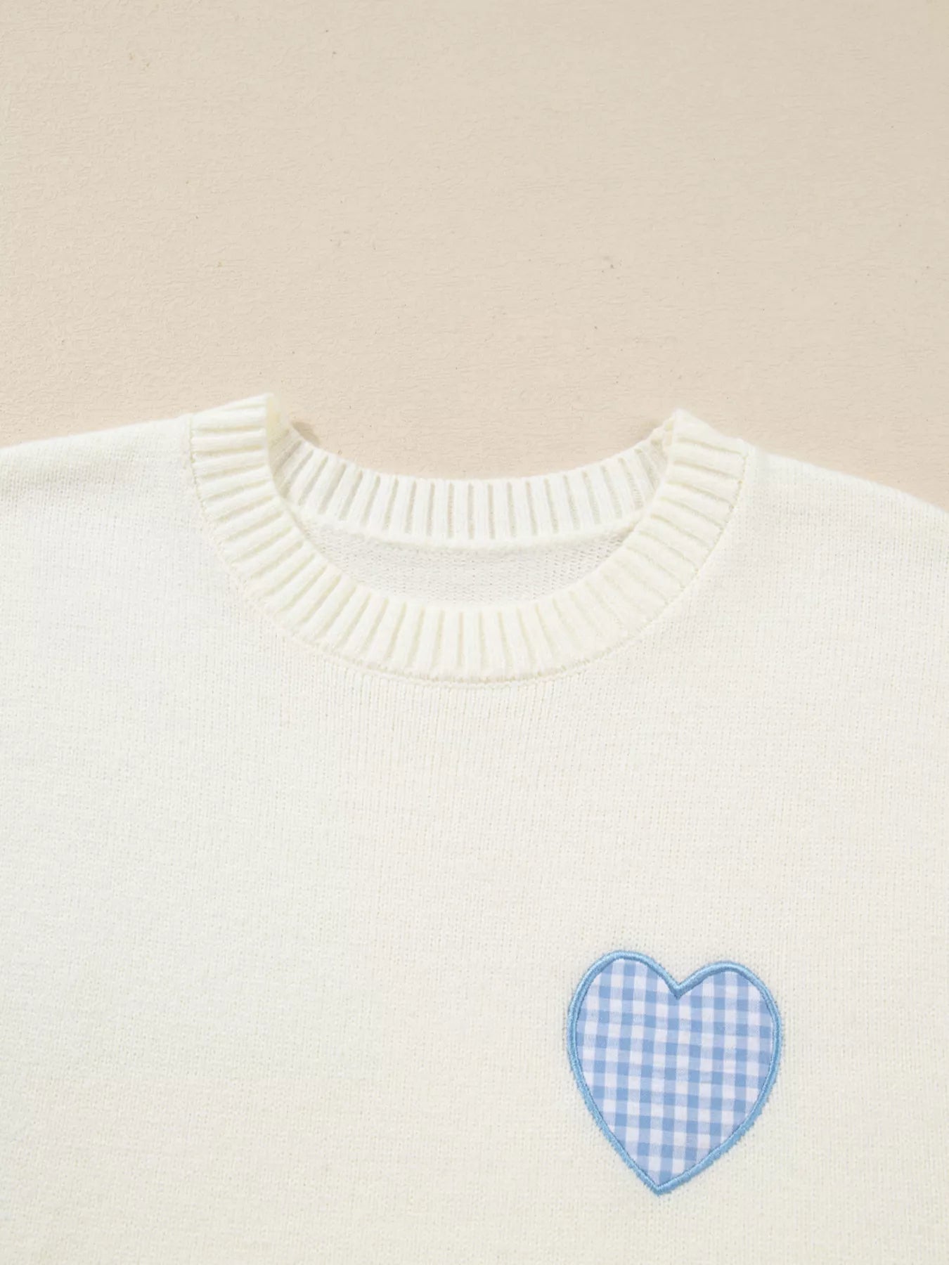 Plaid Heart Embroidered Cuffed Drop Shoulder Crew Neck Sweater OutfitFlow