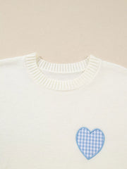 Plaid Heart Embroidered Cuffed Drop Shoulder Crew Neck Sweater OutfitFlow