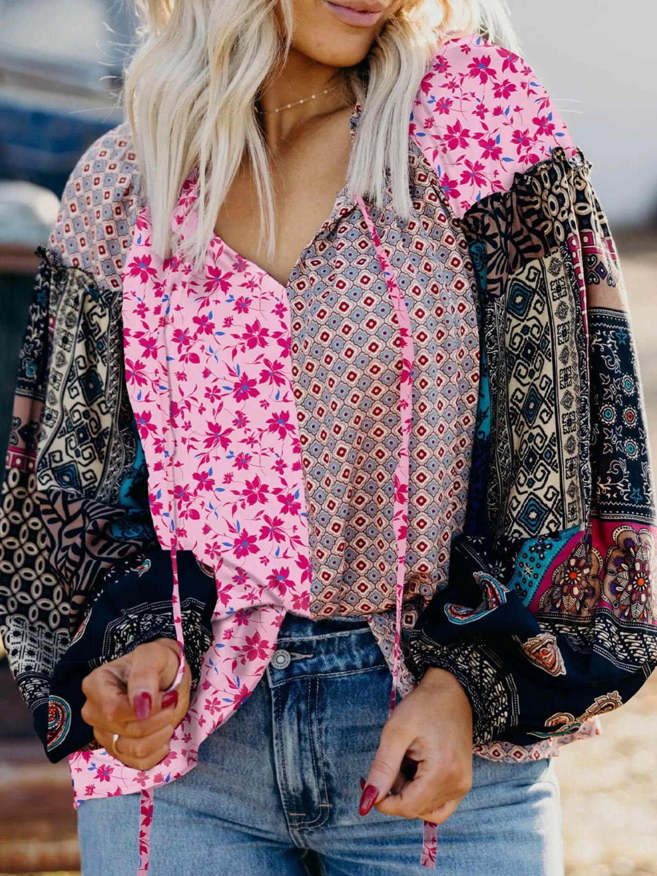 Boho Mixed Floral Drop Shoulder Bubble Sleeve Blouse OutfitFlow