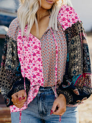 Boho Mixed Floral Drop Shoulder Bubble Sleeve Blouse OutfitFlow