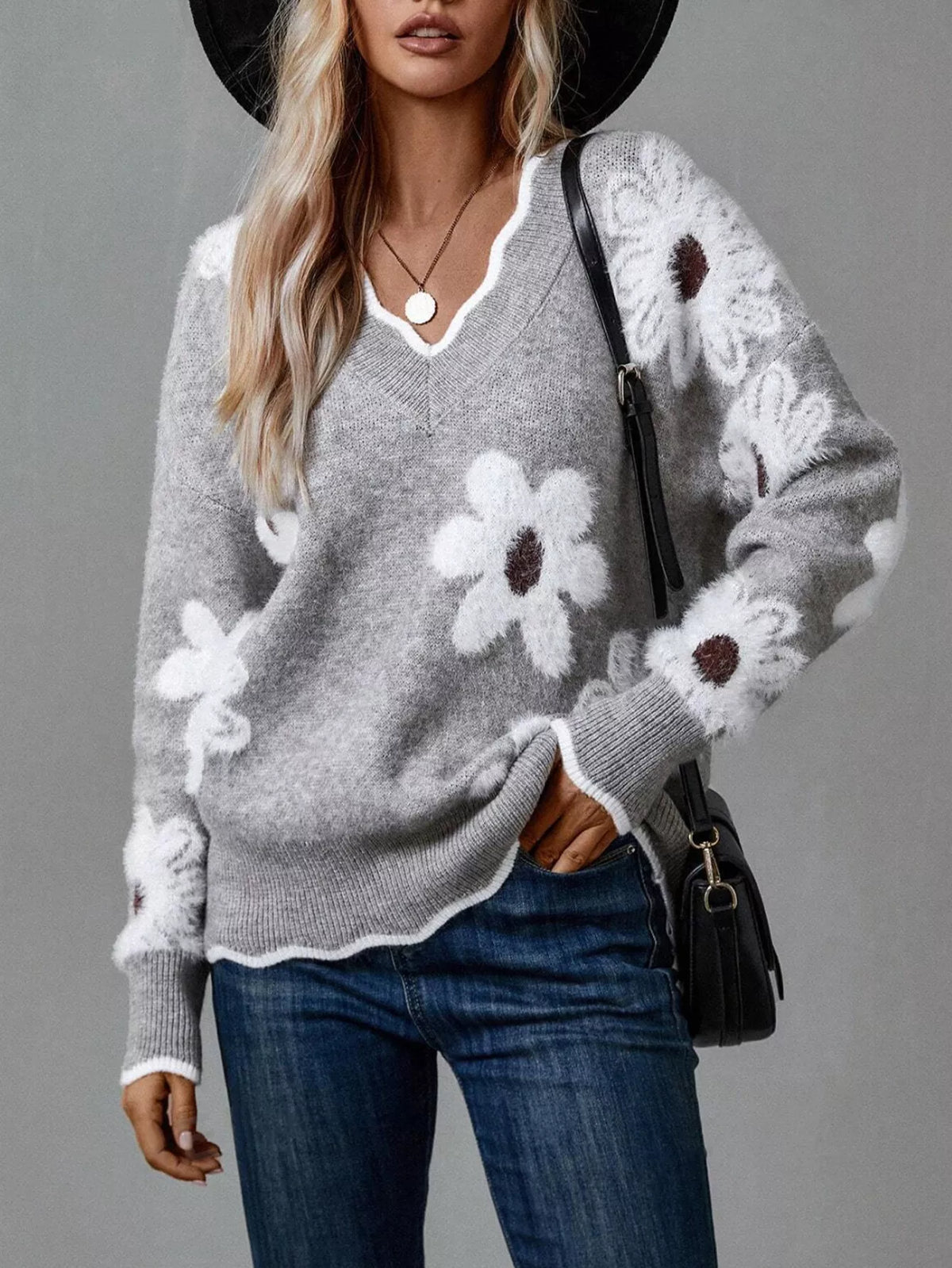 Floral V-Neck Long Sleeve Sweater Gray OutfitFlow