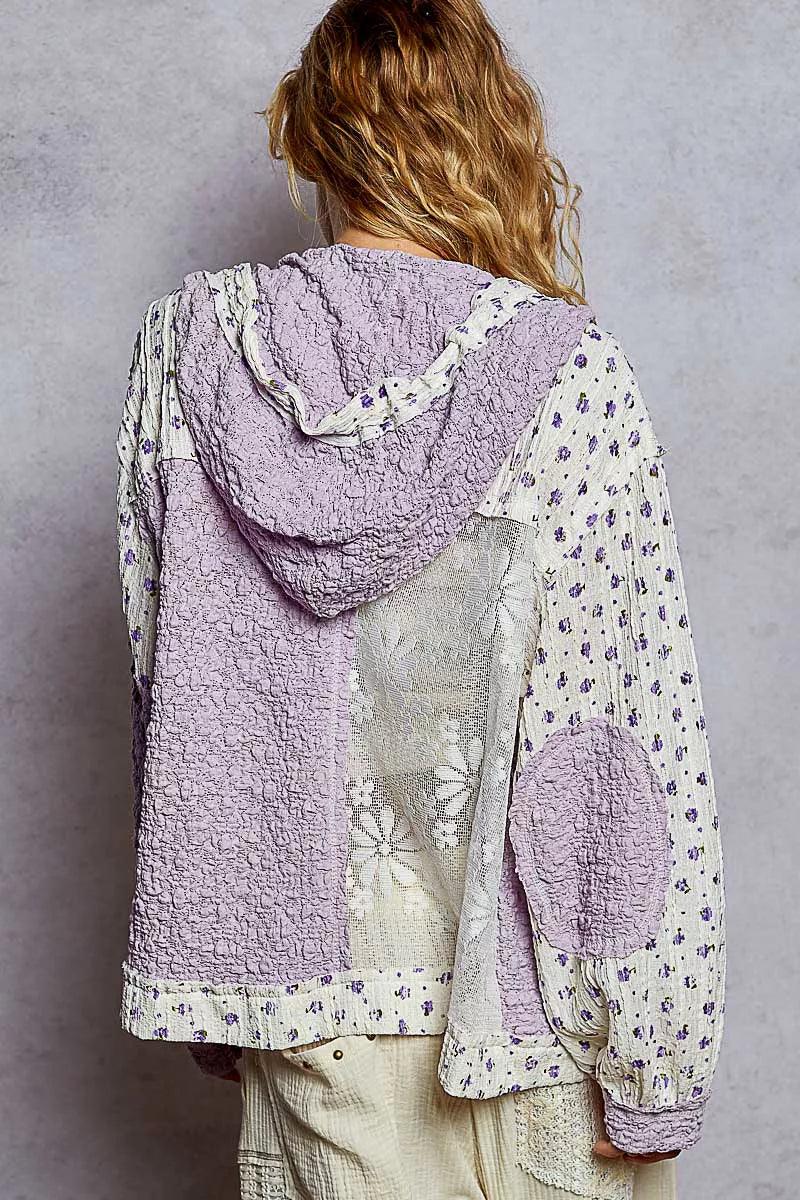 POL Floral Balloon Sleeve Hooded Lace Jacket with Stitch Detail OutfitFlow