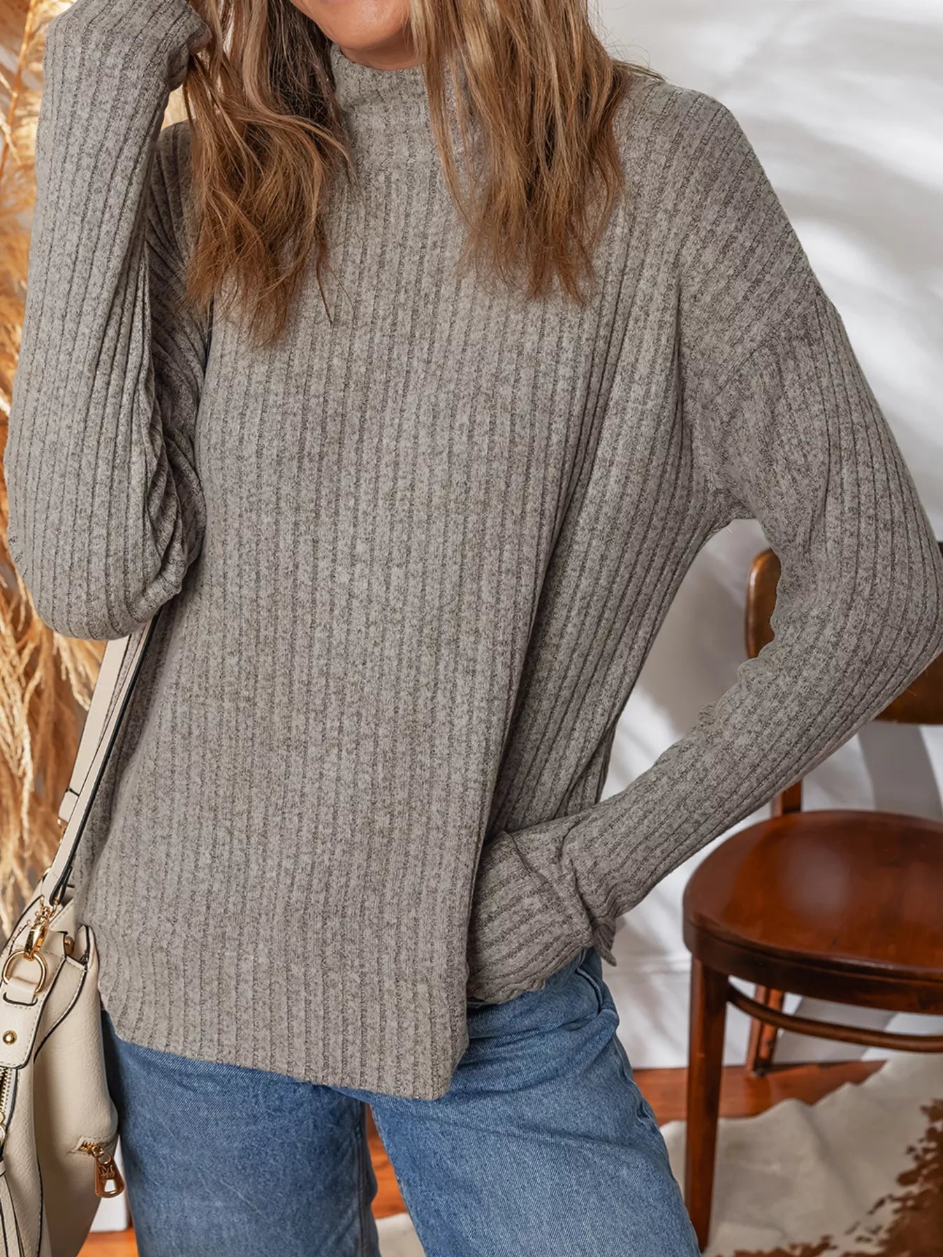Ribbed High Neck Knitted Top OutfitFlow
