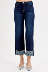RISEN Full Size Mid Rise Fit Crop Wide With Printed Cuff Jeans Plus Size OutfitFlow