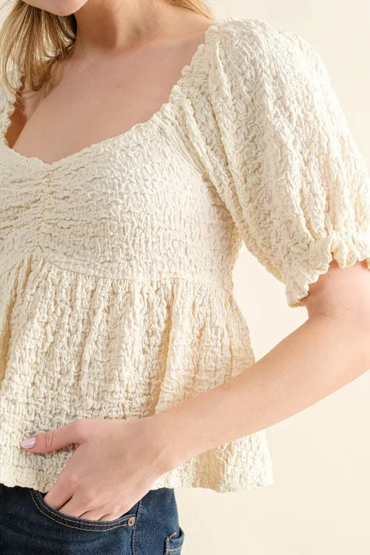 And The Why Lovely Textured and Smocked Top OutfitFlow