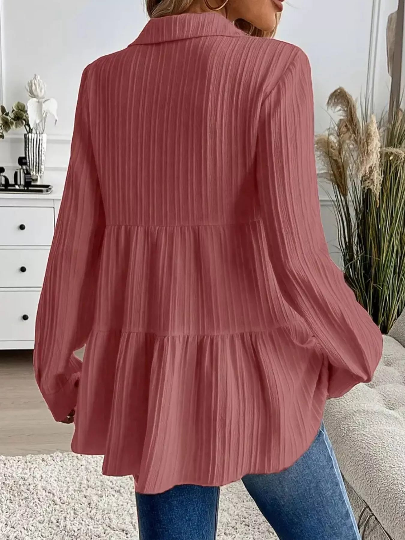 Button-Down Long Sleeve Tiered Shirt OutfitFlow
