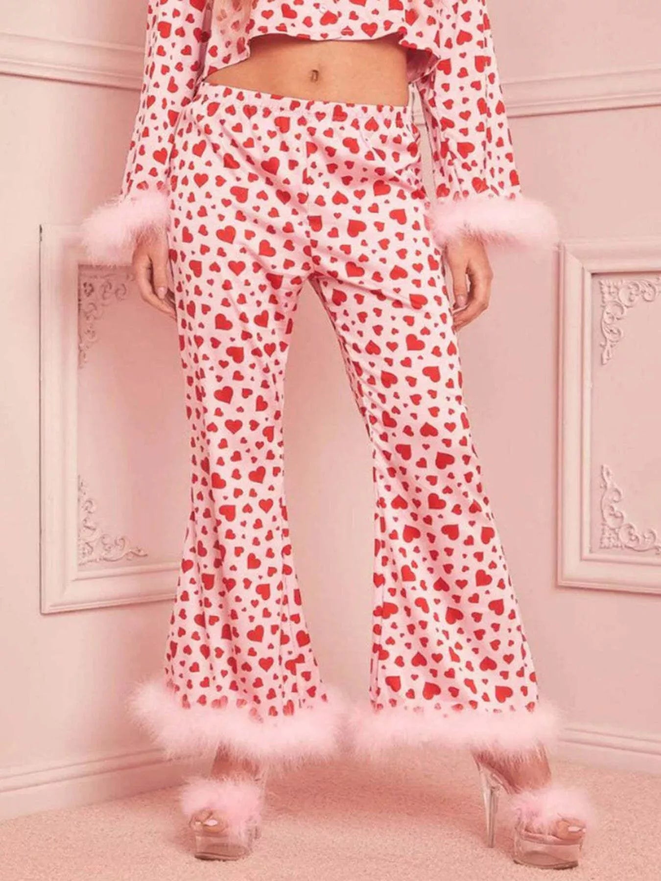 Heart Print Long Sleeve Top and Pants Lounge Set OutfitFlow