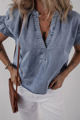 V Neck Ruffled Short Puff Sleeve Denim Top OutfitFlow