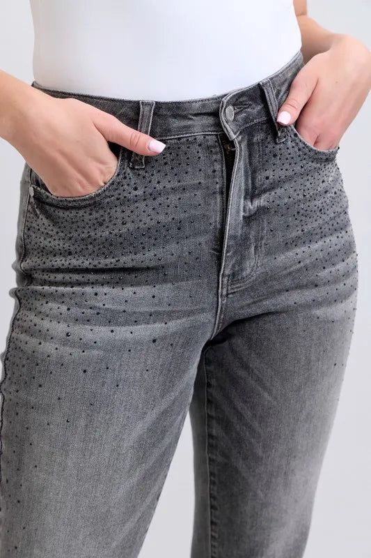 Judy Blue Full Size High Waist Rhinestone Straight Jeans Plus Size OutfitFlow