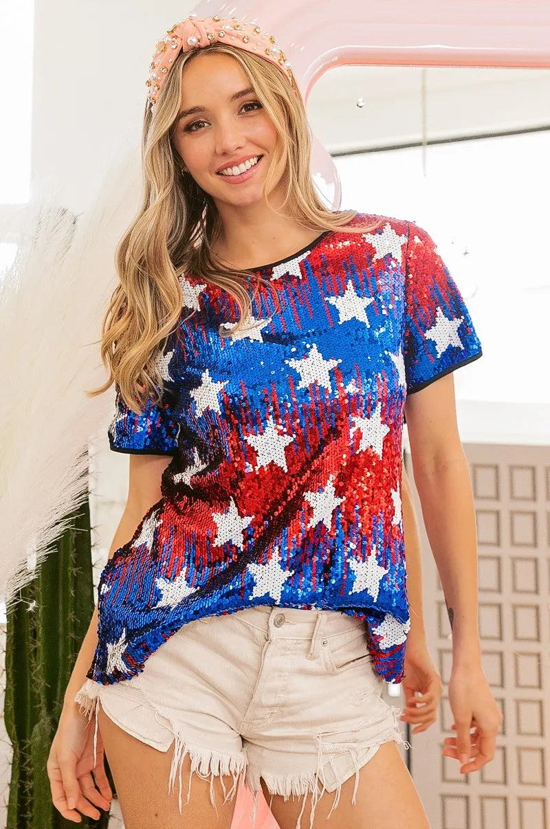 BiBi American Theme Star Pattern Sequin Top OutfitFlow