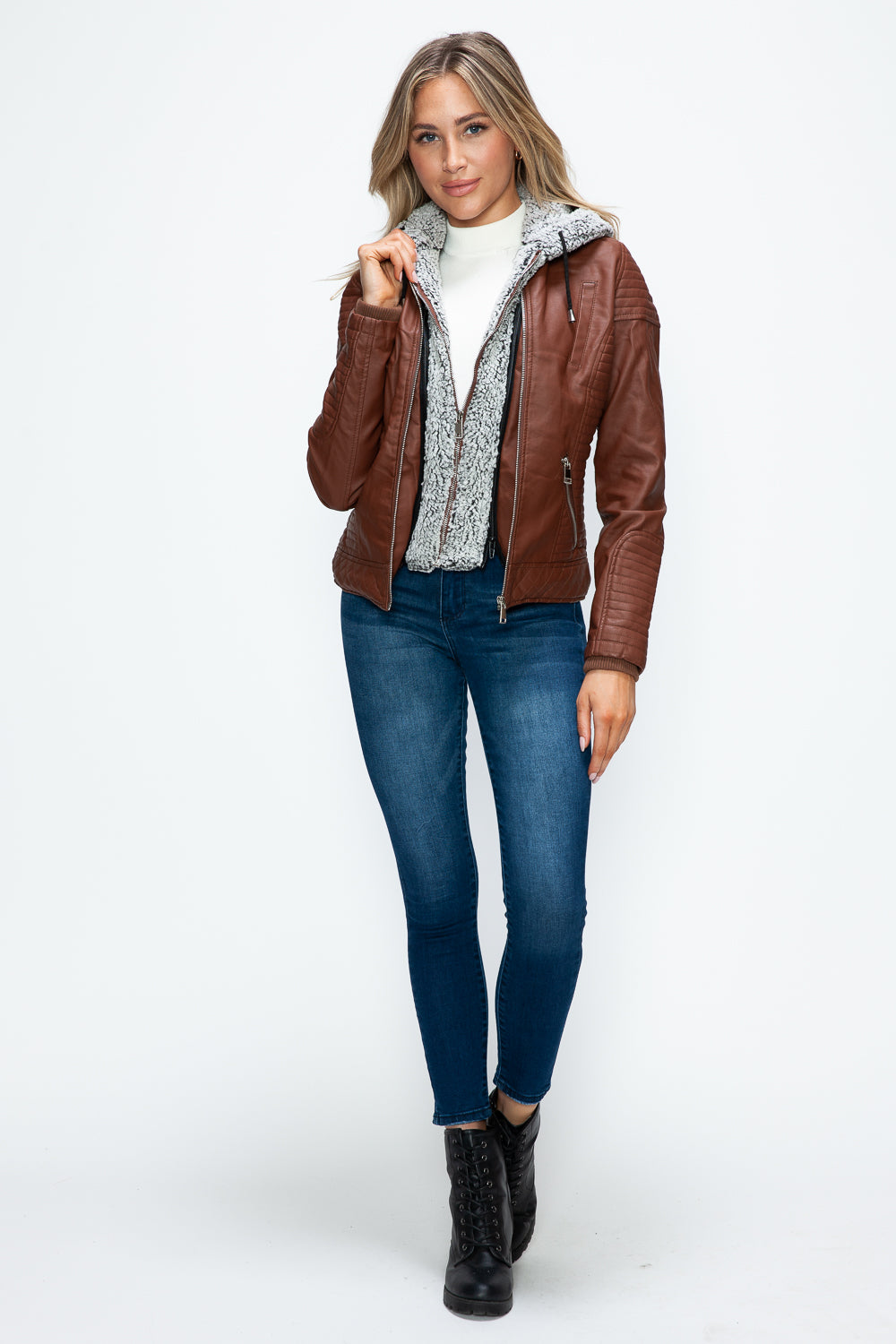 Outfit Flow - YMI Faux Layered Double-Zipper Jacket with Fuzzy Hood