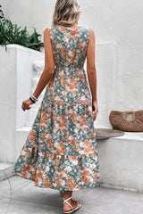 Floral Print Trimmed V Neck Tie Waist Sleeveless Dress OutfitFlow