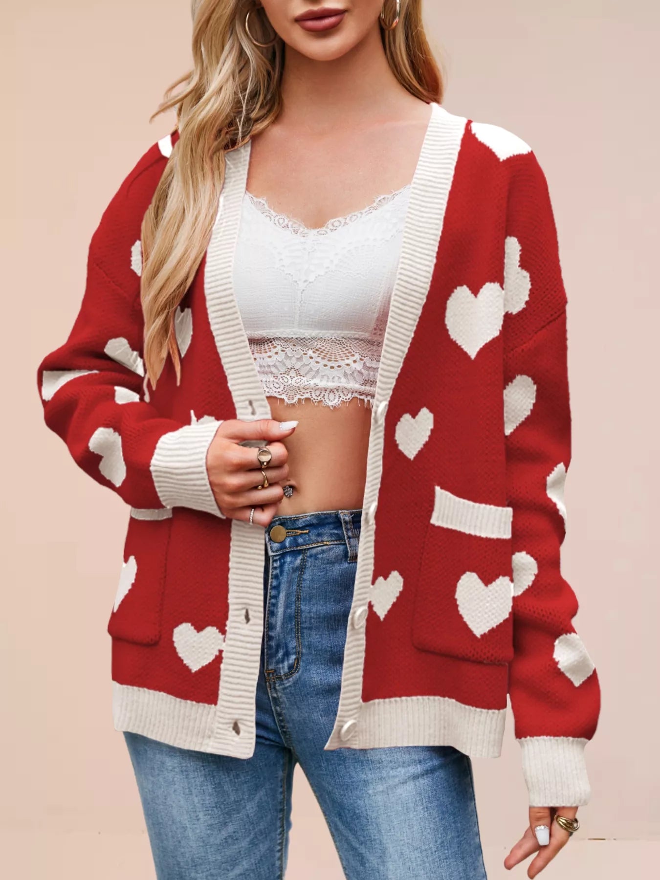 Heart Pattern Button-Up Knit Cardigan OutfitFlow