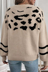 Leopard Round Neck Dropped Shoulder Sweater OutfitFlow