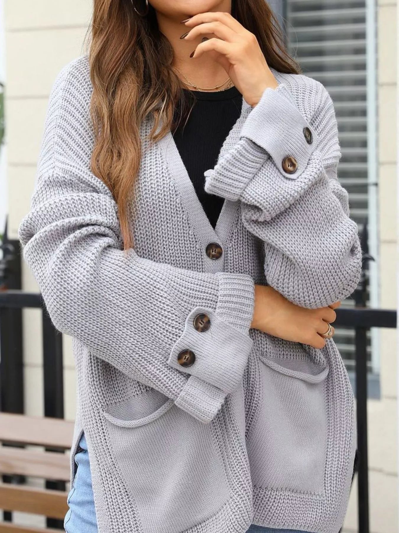Oversized Knit Button-Down Cardigan Trendsi