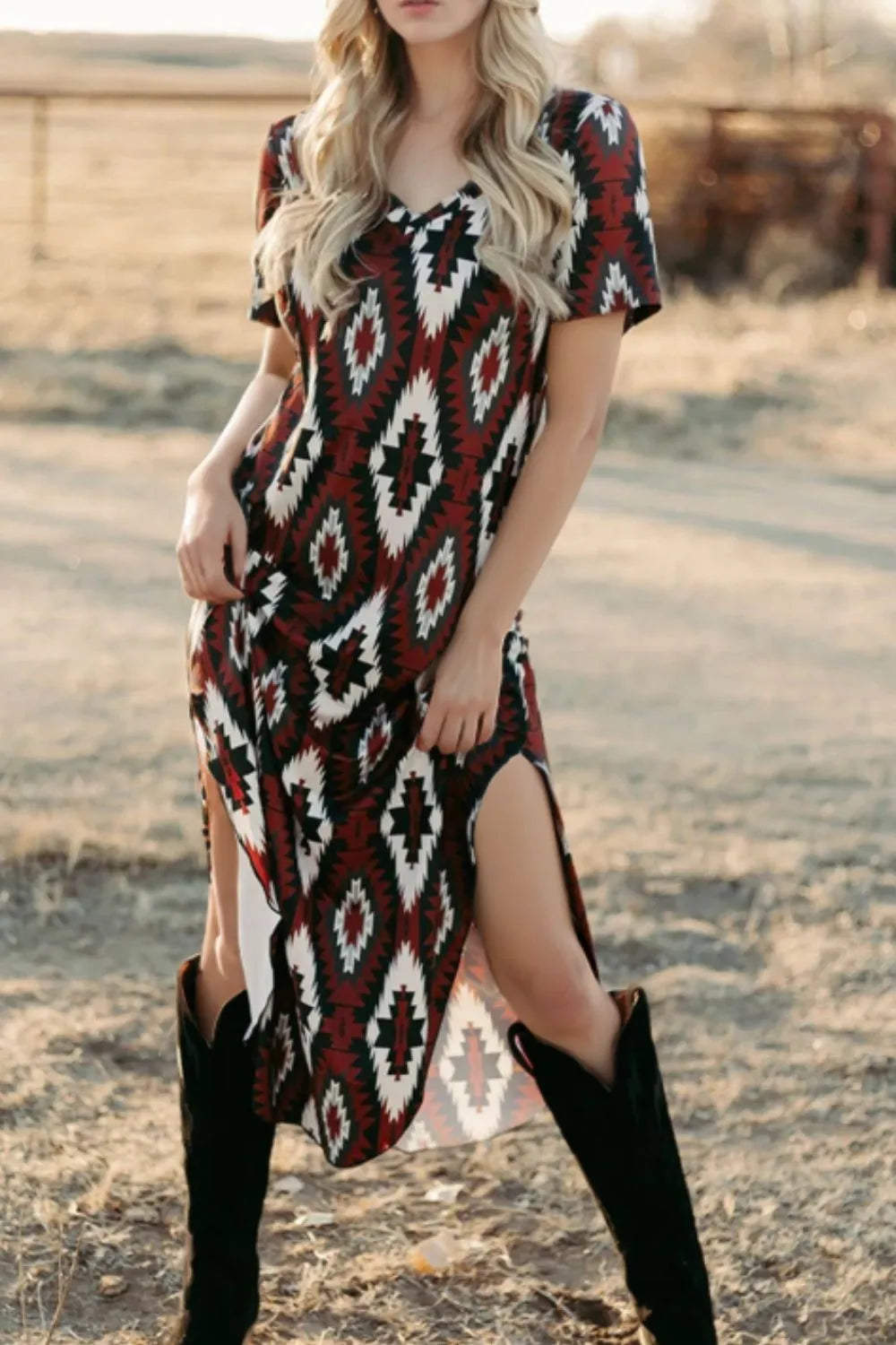 Aztec Print V-Neck Midi Dress OutfitFlow