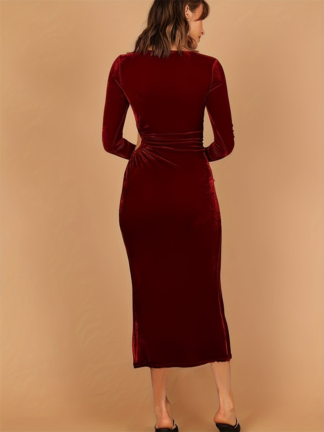 Outfit Flow - Cutout Side Slit Boat Neck Long Sleeve Dress