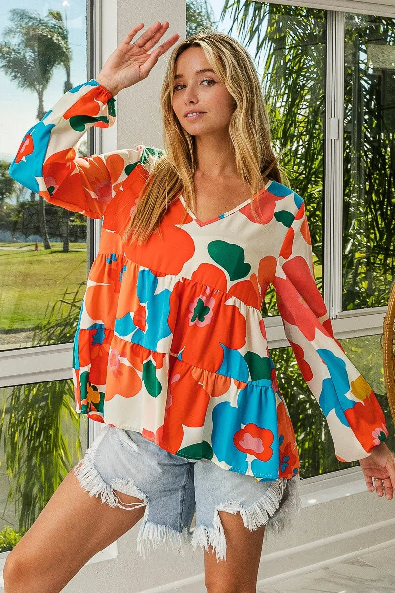 BiBi Floral Woven Tiered V Neck Top Trendsi