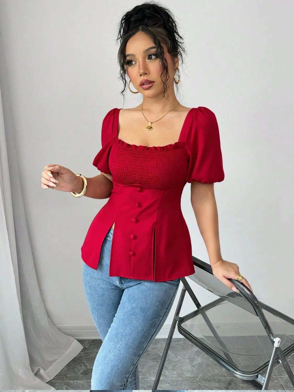 Slit Square Neck Short Sleeve Blouse OutfitFlow