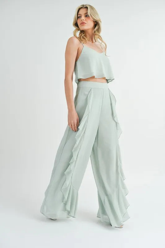 MABLE Crop Cami and Ruffled Wide Leg Pants Set OutfitFlow