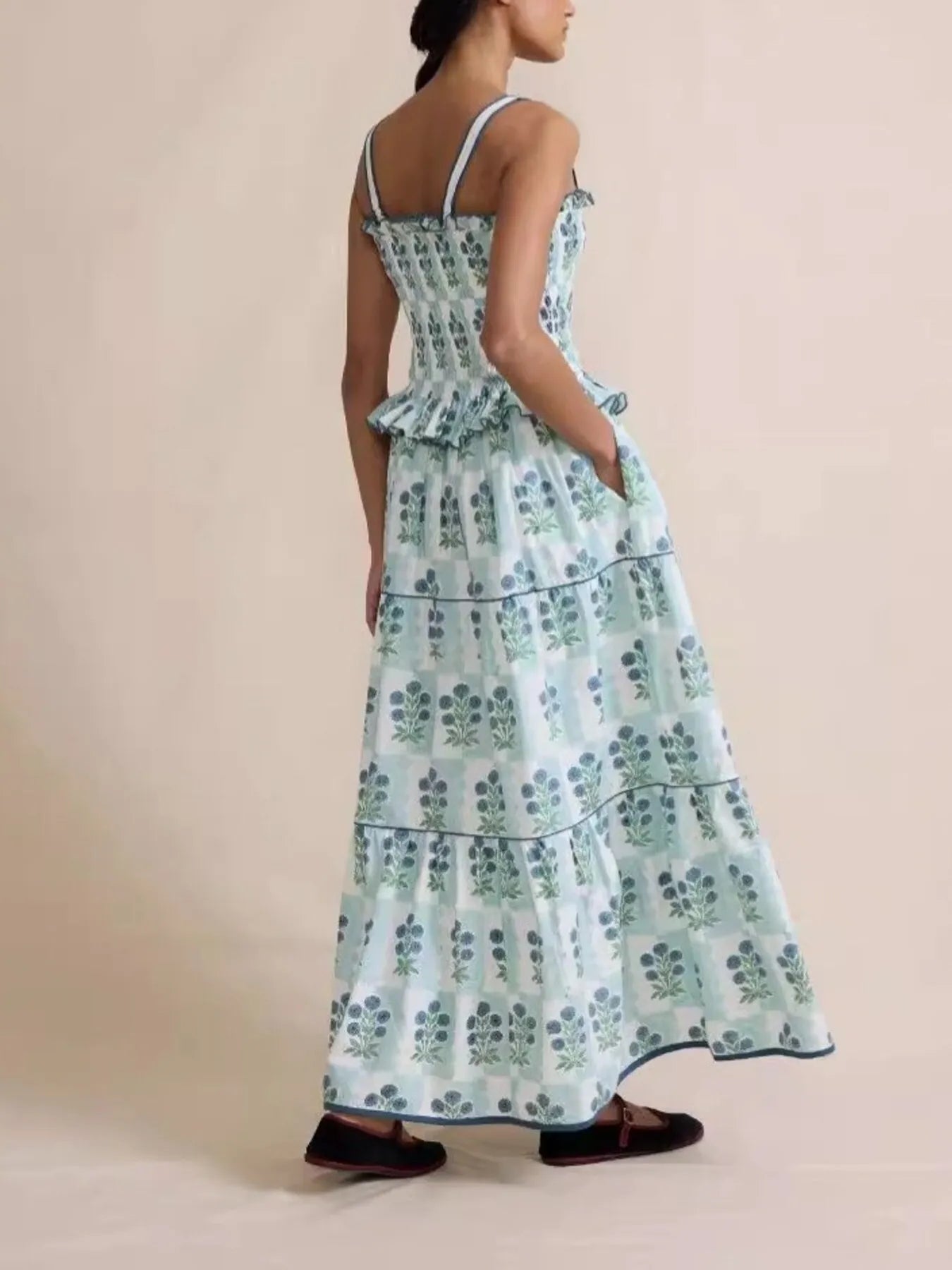 Bohemian Floral Print Smocked Tiered Maxi Dress OutfitFlow