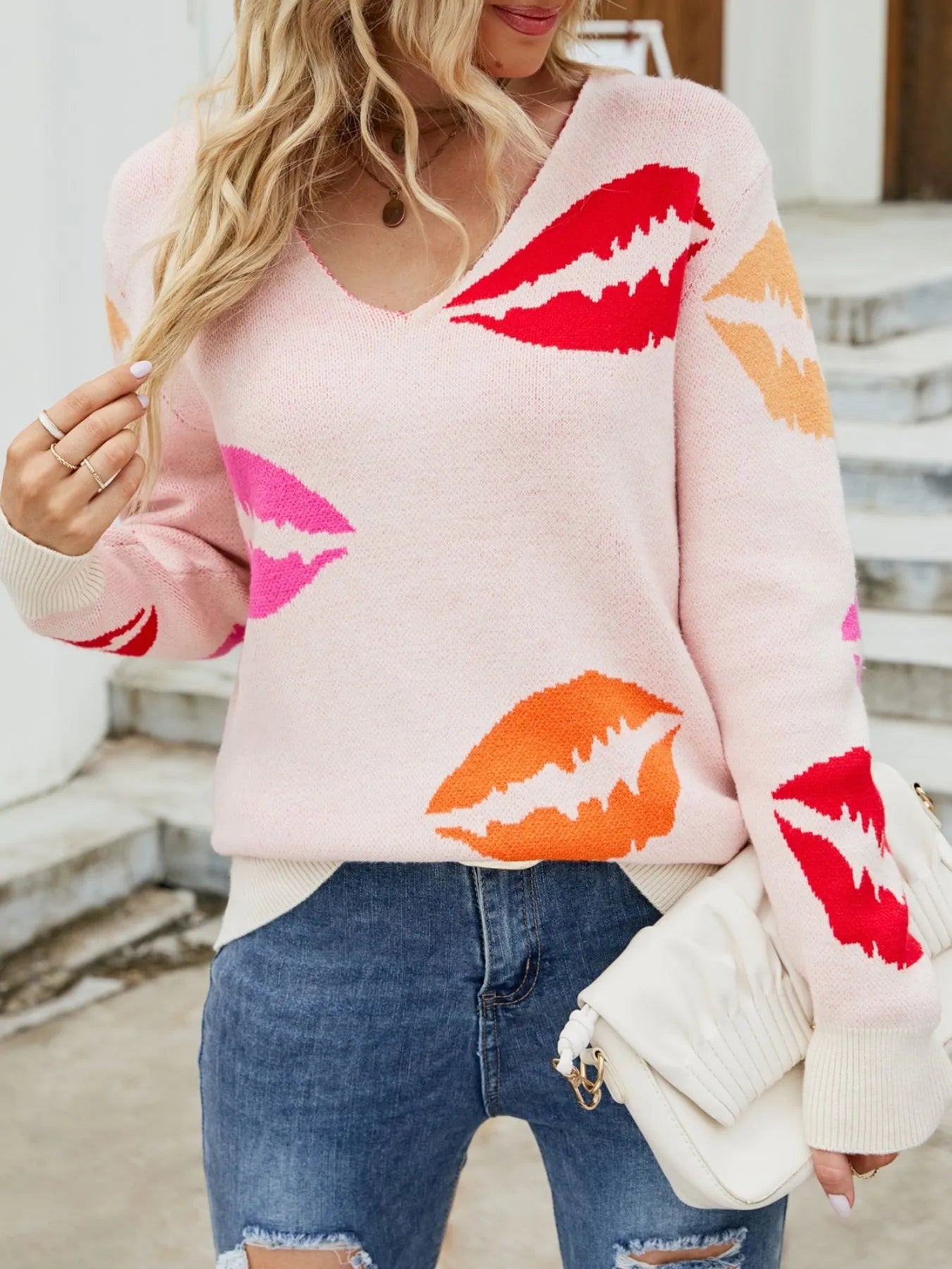 Colorful Lips V-Neck Sweater Blush Pink OutfitFlow