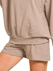 Zenana Slub Long Sleeve Top and Shorts Set Trendsi