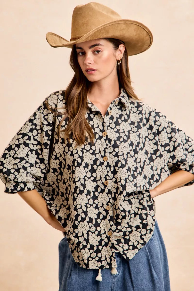 BiBi Floral Jacquard Short Dolman Sleeves Shirt OutfitFlow