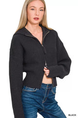 Zenana Ribbed Collared Zip Up Sweater Cardigan OutfitFlow
