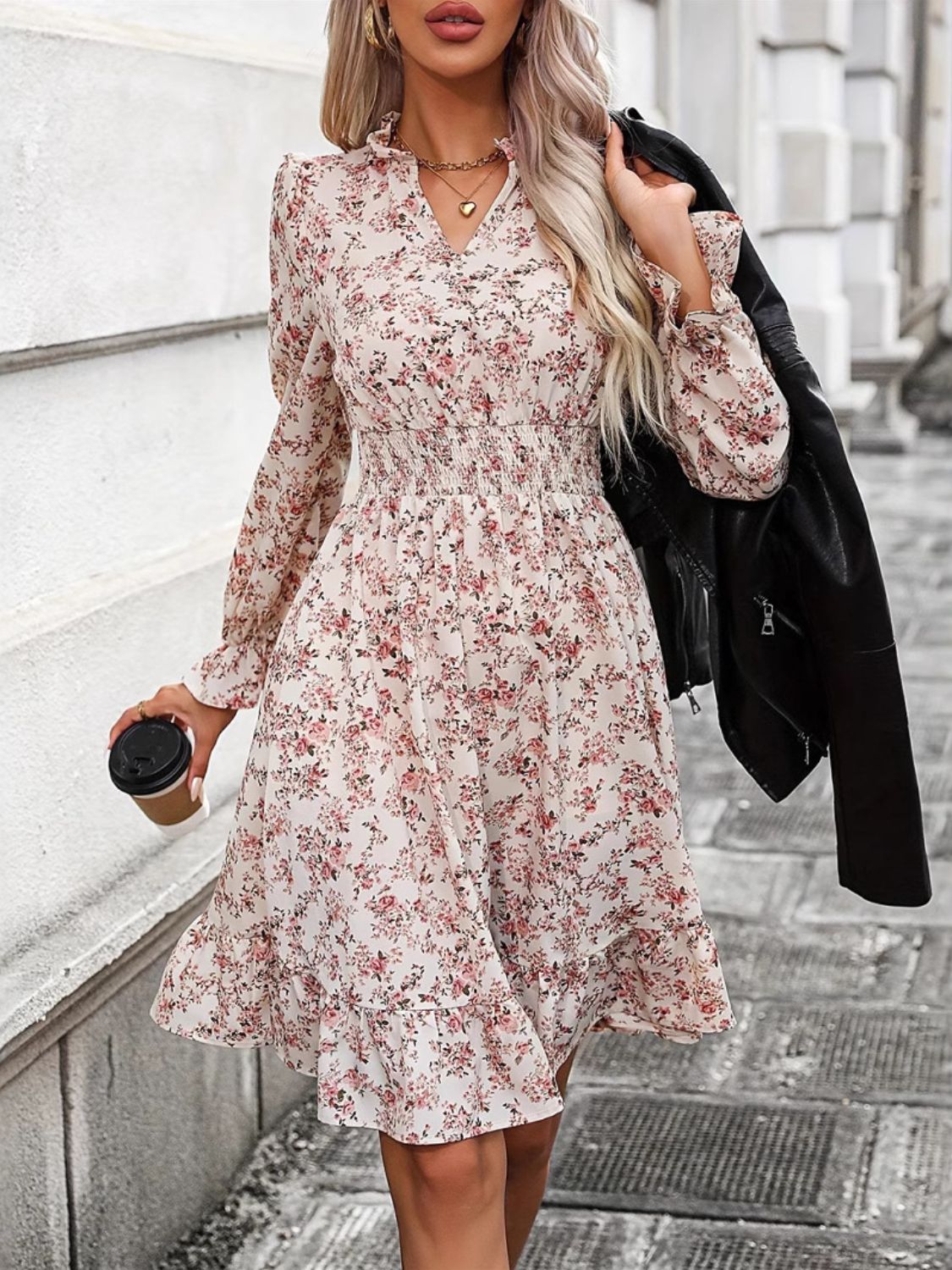 Ruffle Hem Floral Surplice Long Sleeve Dress