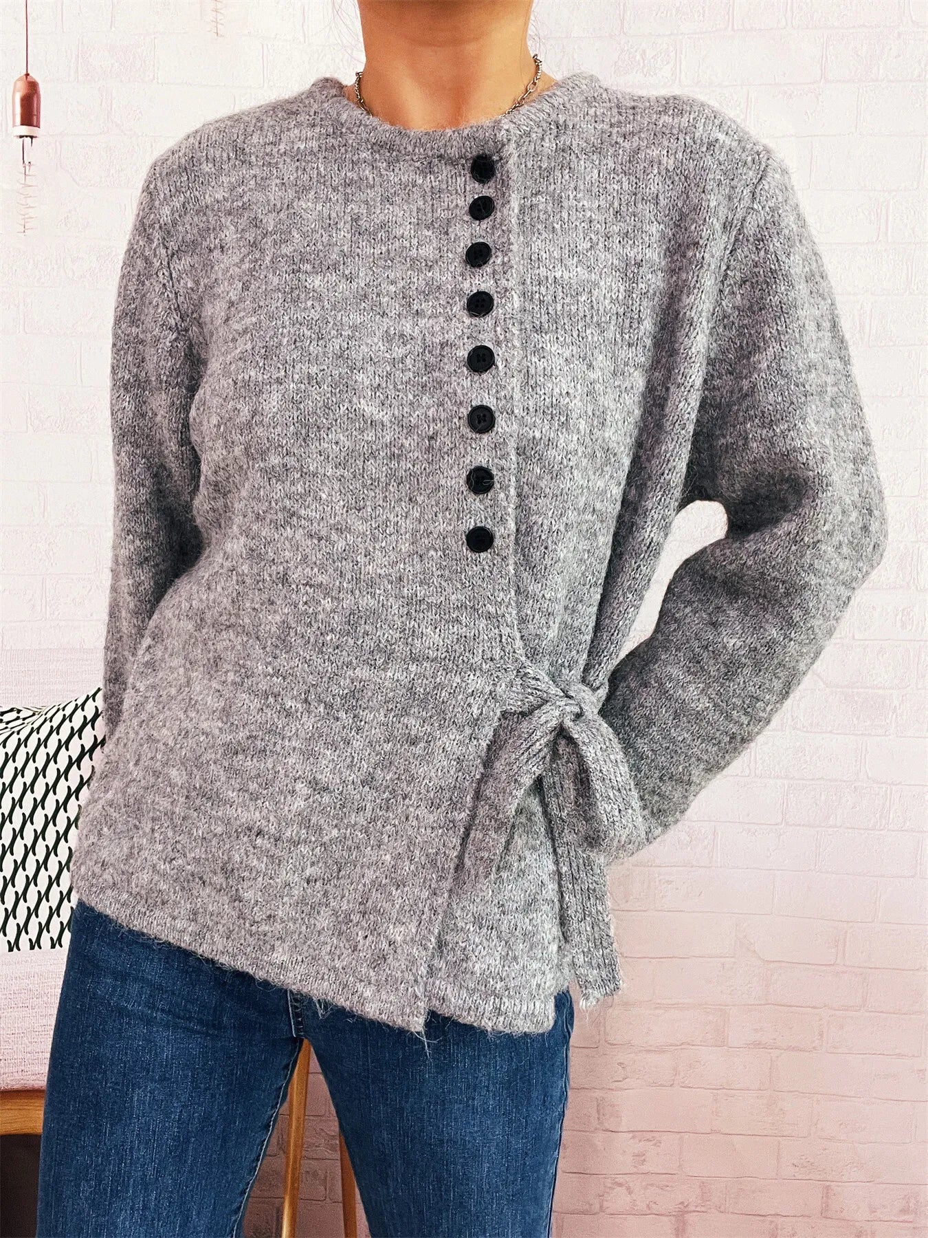 Button-Front Side-Tie Sweater OutfitFlow