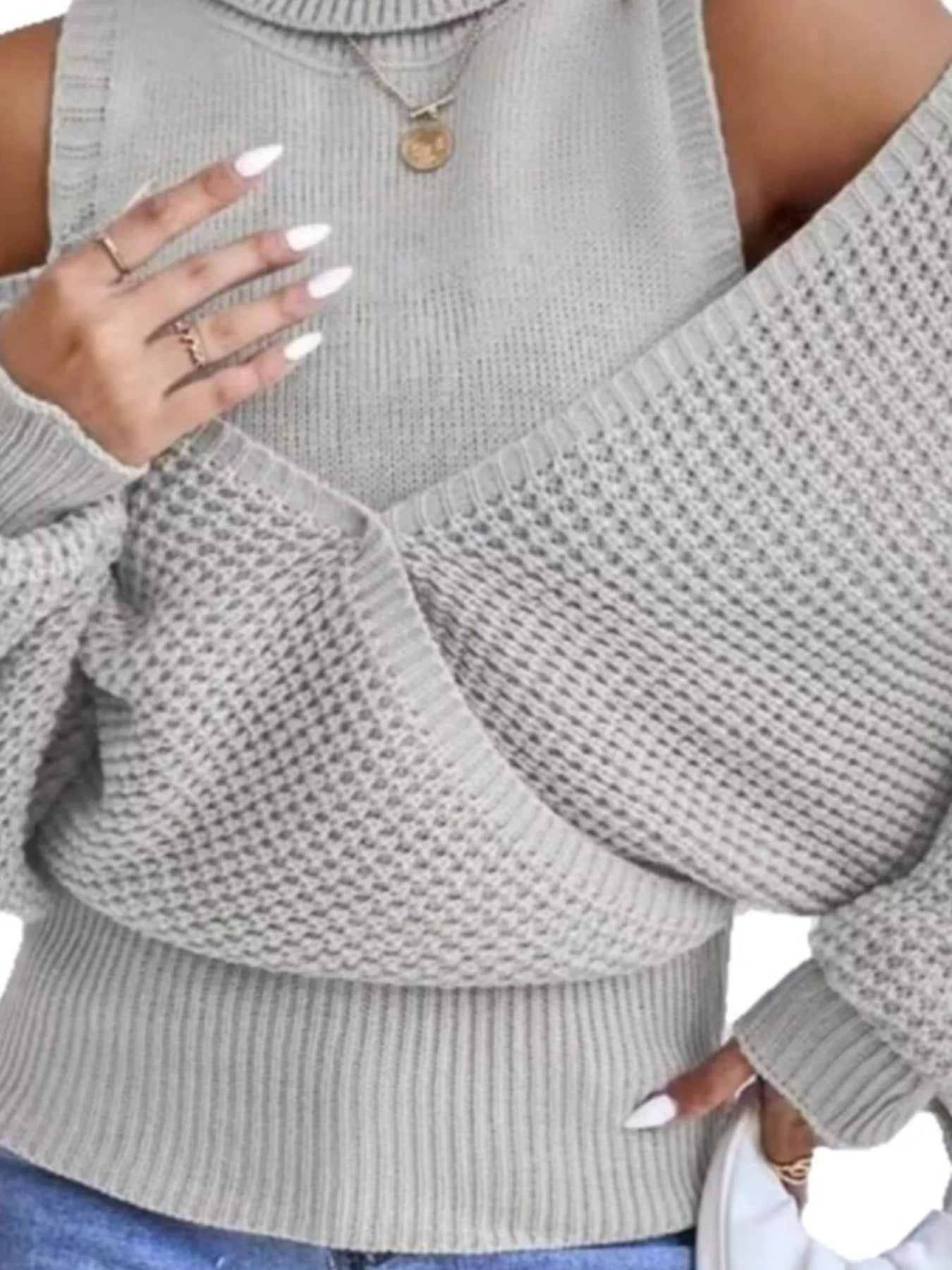 Waffle Knit Cold Shoulder Turtleneck Sweater OutfitFlow