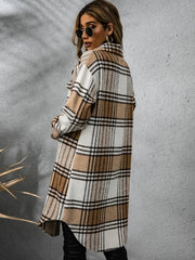 Plaid Collared Neck Long Sleeve Coat OutfitFlow