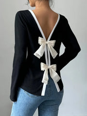 Long Sleeve Bow Tie Back T-Shirt OutfitFlow