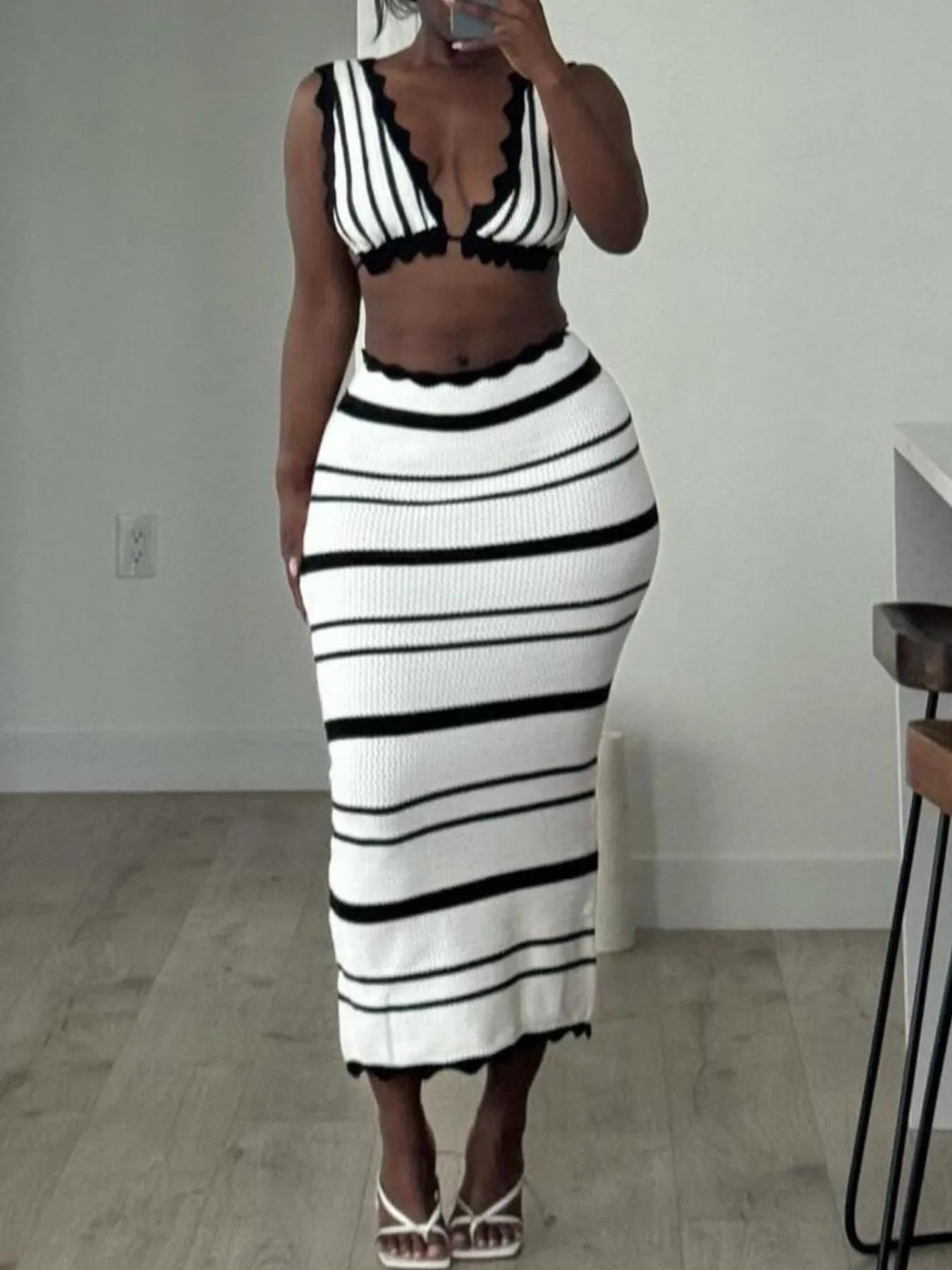 Striped Cami and Midi Skirt Sweater Set OutfitFlow