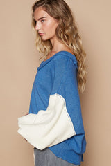 Outfit Flow - POL Exposed Seam Contrast V-Neck Lantern Sleeve Sweater