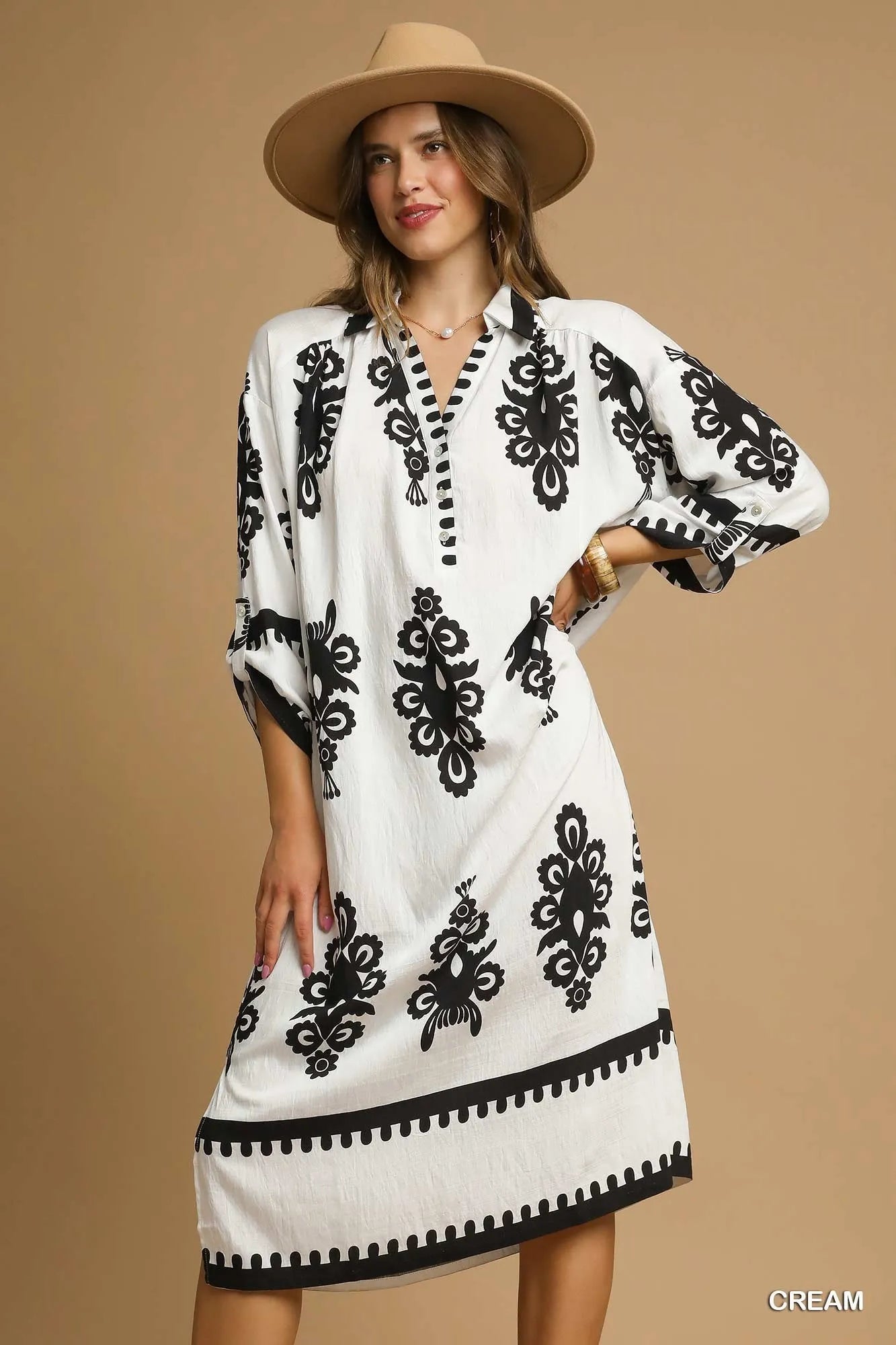 Umgee Abstract Print Midi Dress Cream OutfitFlow