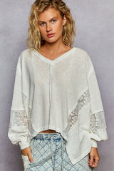 POL V-Neck Long Sleeve T-Shirt with Lace Detail OutfitFlow