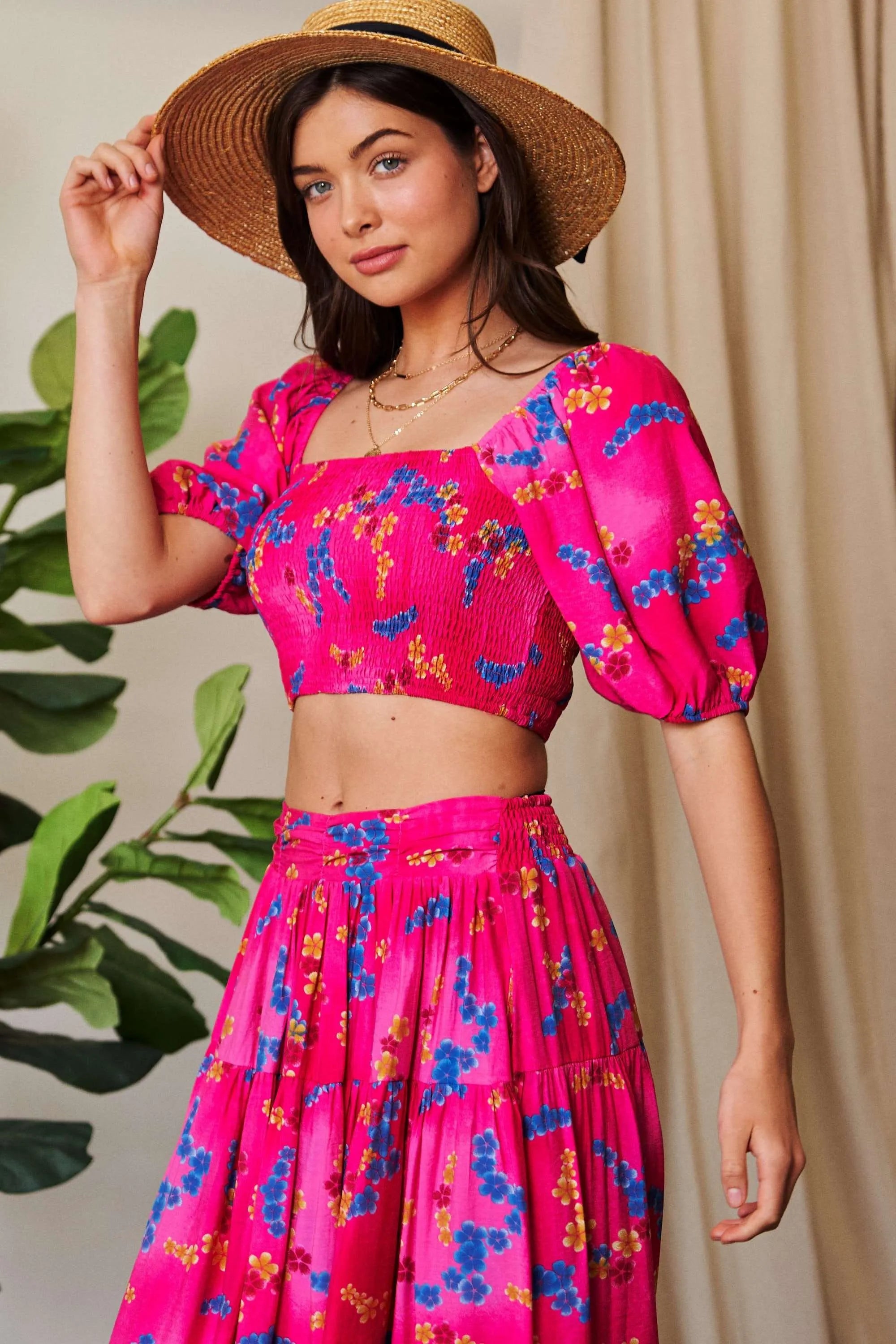 Davi & Dani Smocing Bodice Puff Short Sleeve Printed Crop Top OutfitFlow
