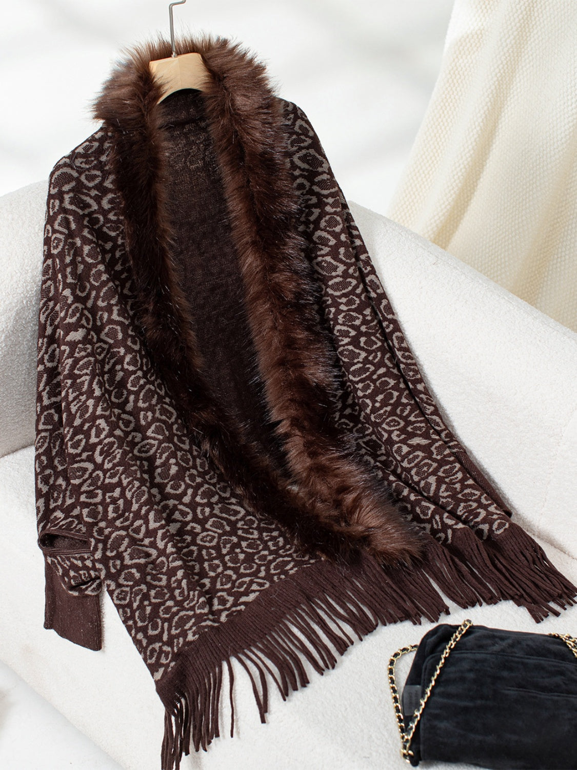 Outfit Flow - Fringe Leopard Open Front Long Sleeve Poncho