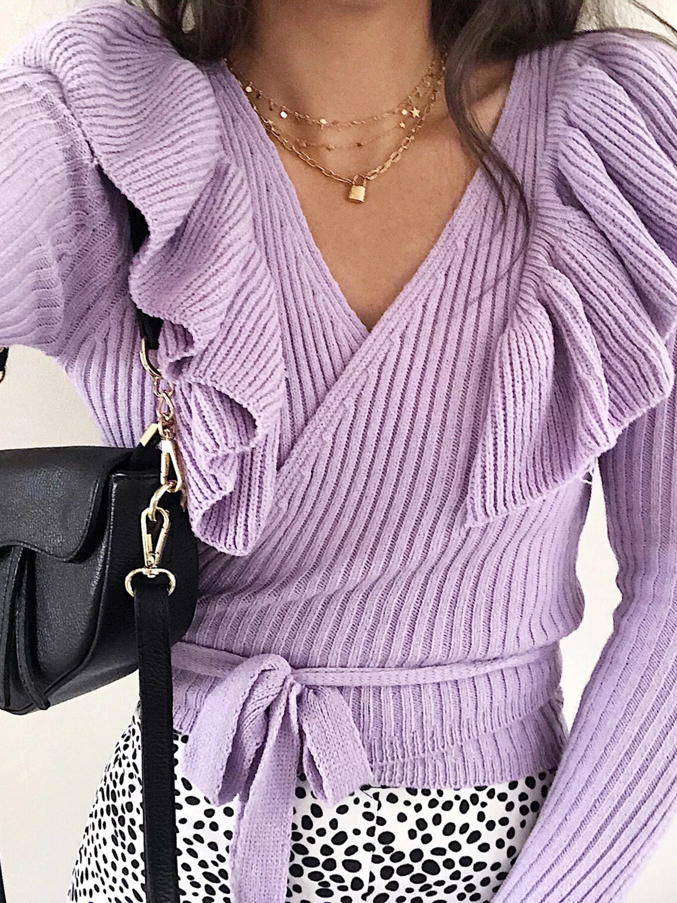 Ruffled Surplice Long Sleeve Knit Top OutfitFlow