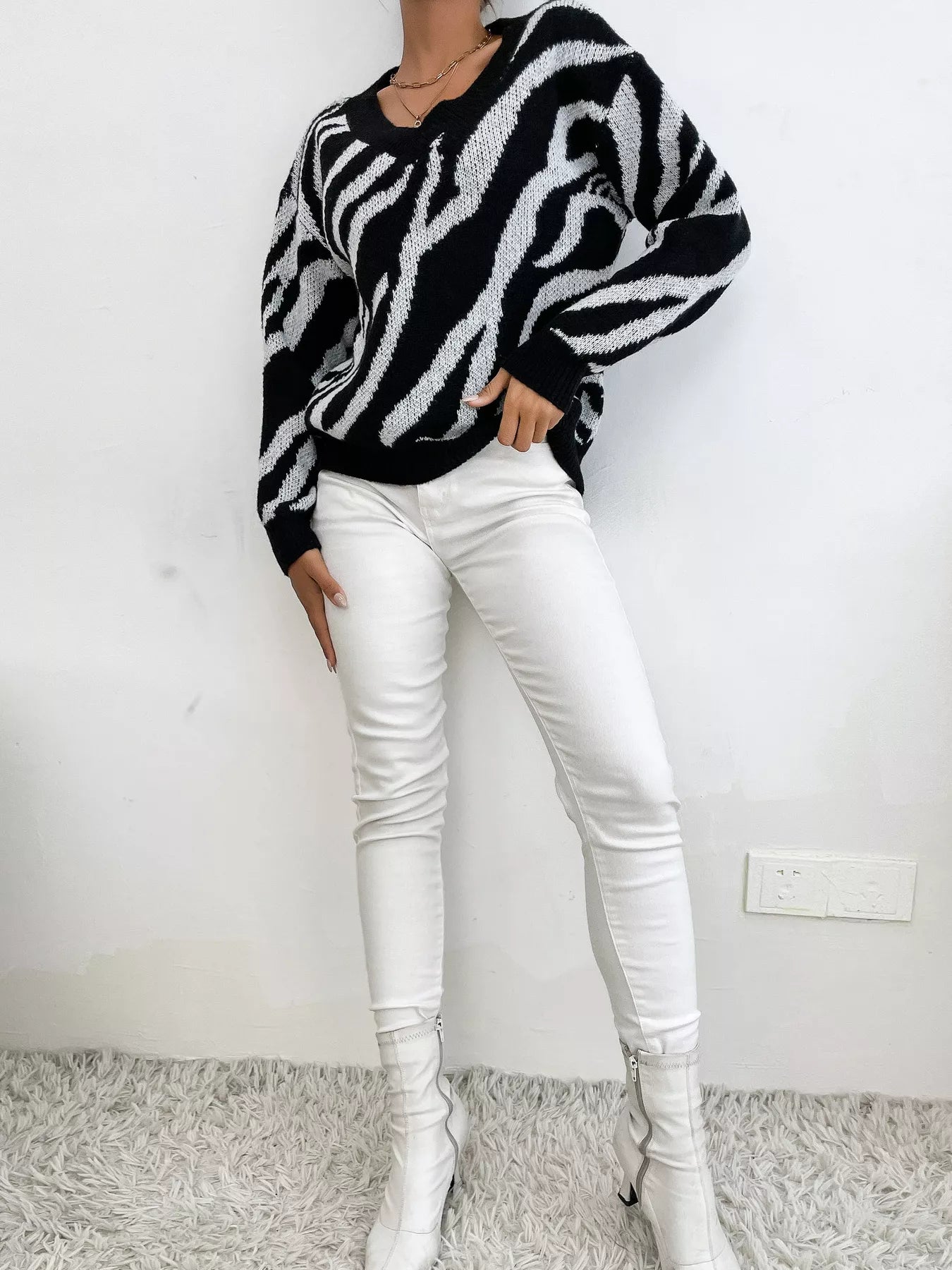 Zebra Print Relaxed Fit Pullover Sweater OutfitFlow