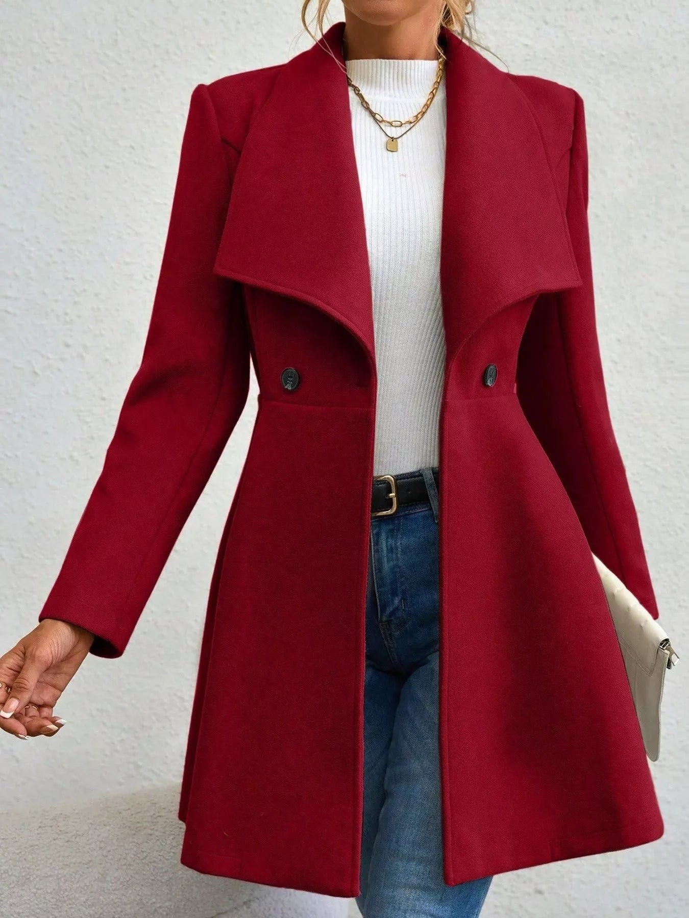 Collared Neck Double Breasted Coat Red Trendsi
