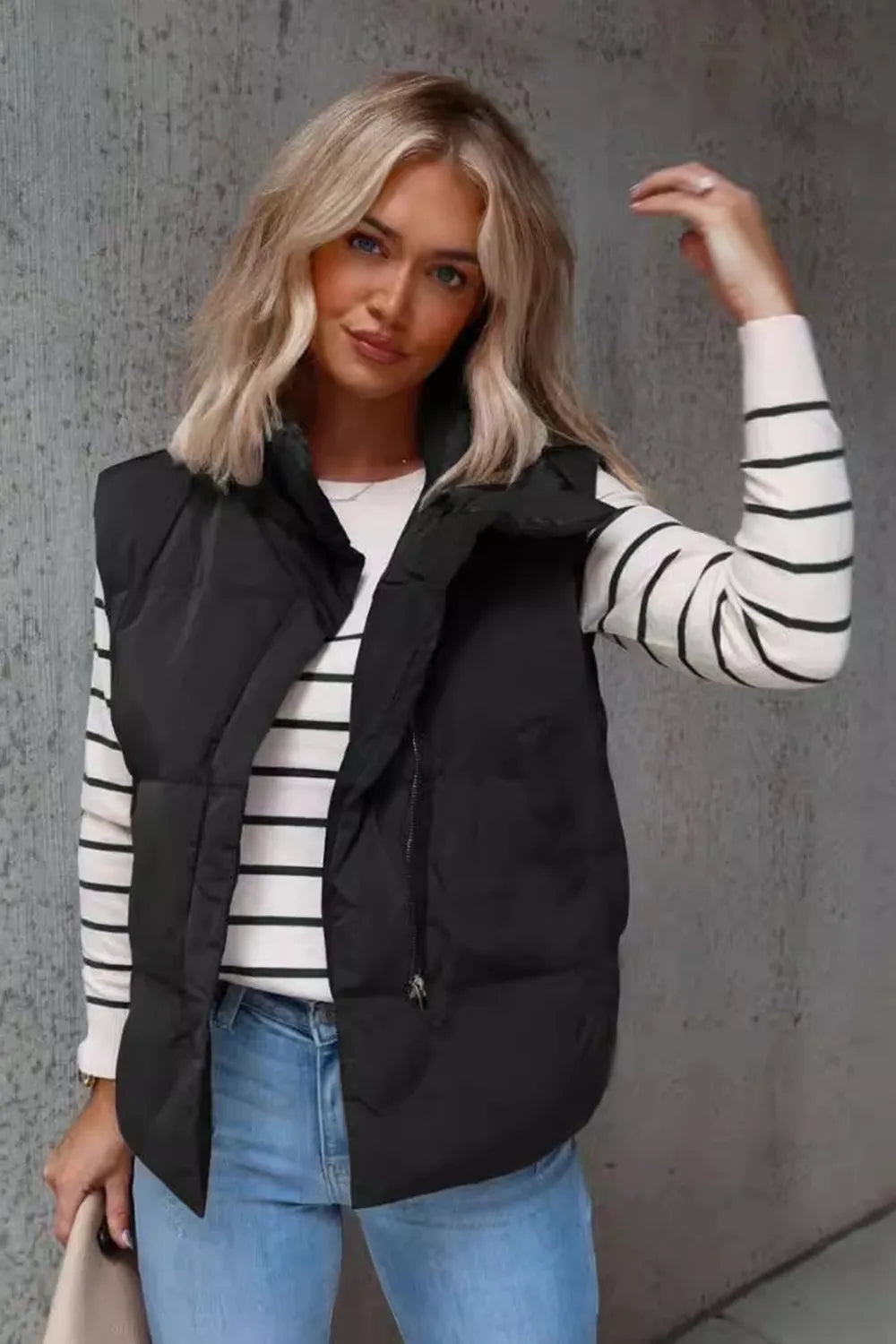 Zip Up Vest Coat with Pockets Black Trendsi