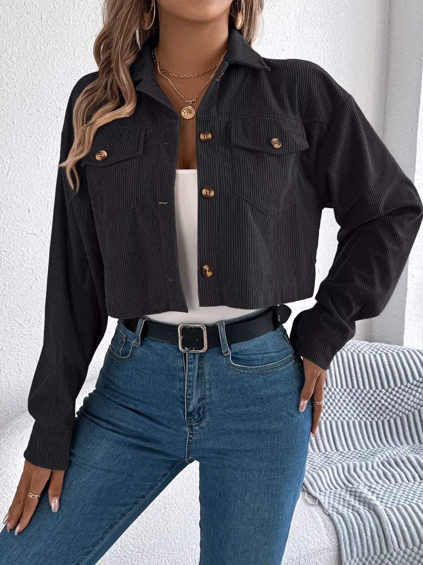 Corduroy Button-Up Dropped Shoulder Jacket Trendsi