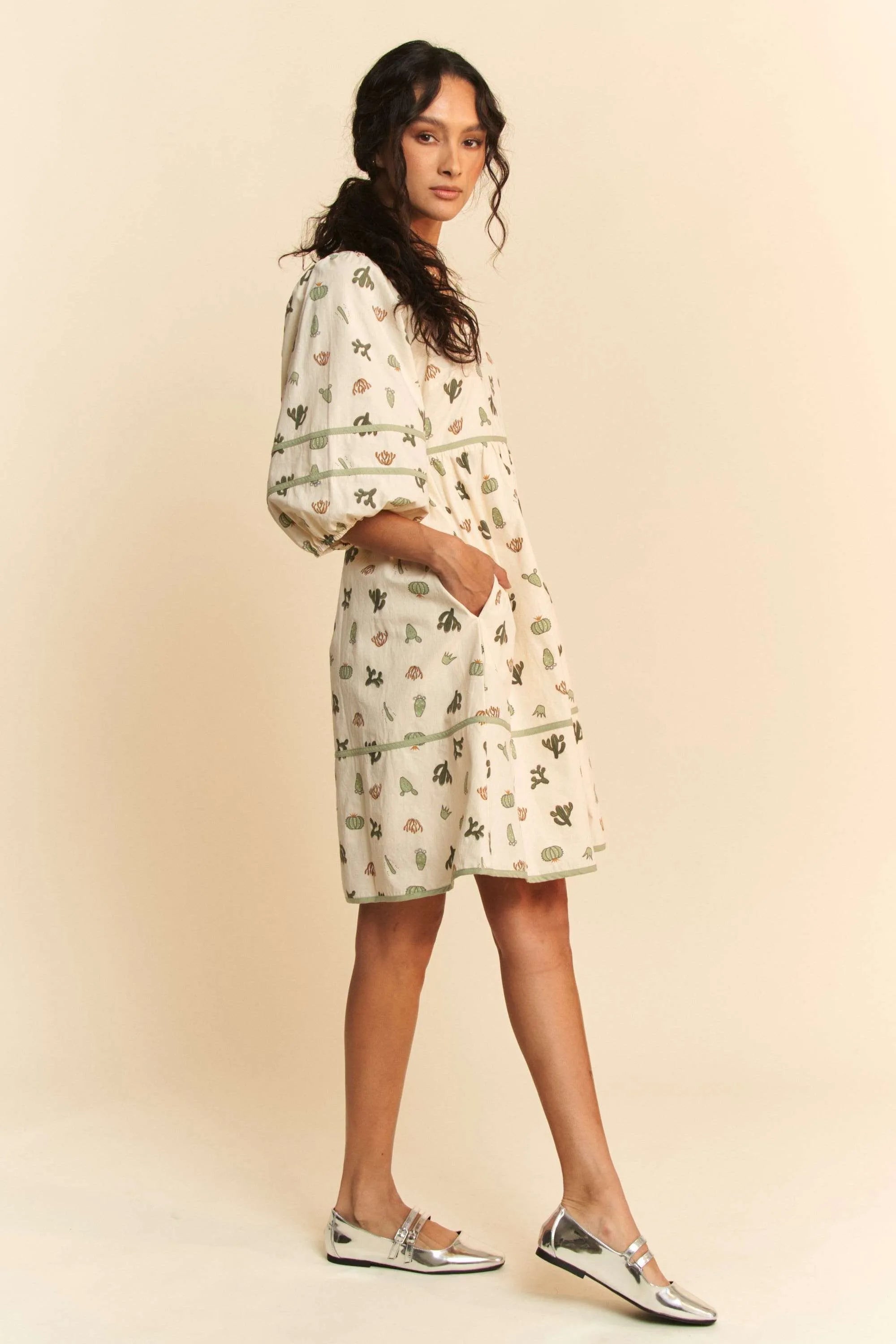 Davi & Dani Cactus Printed Poplin Contrast Piping Mini Dress OutfitFlow