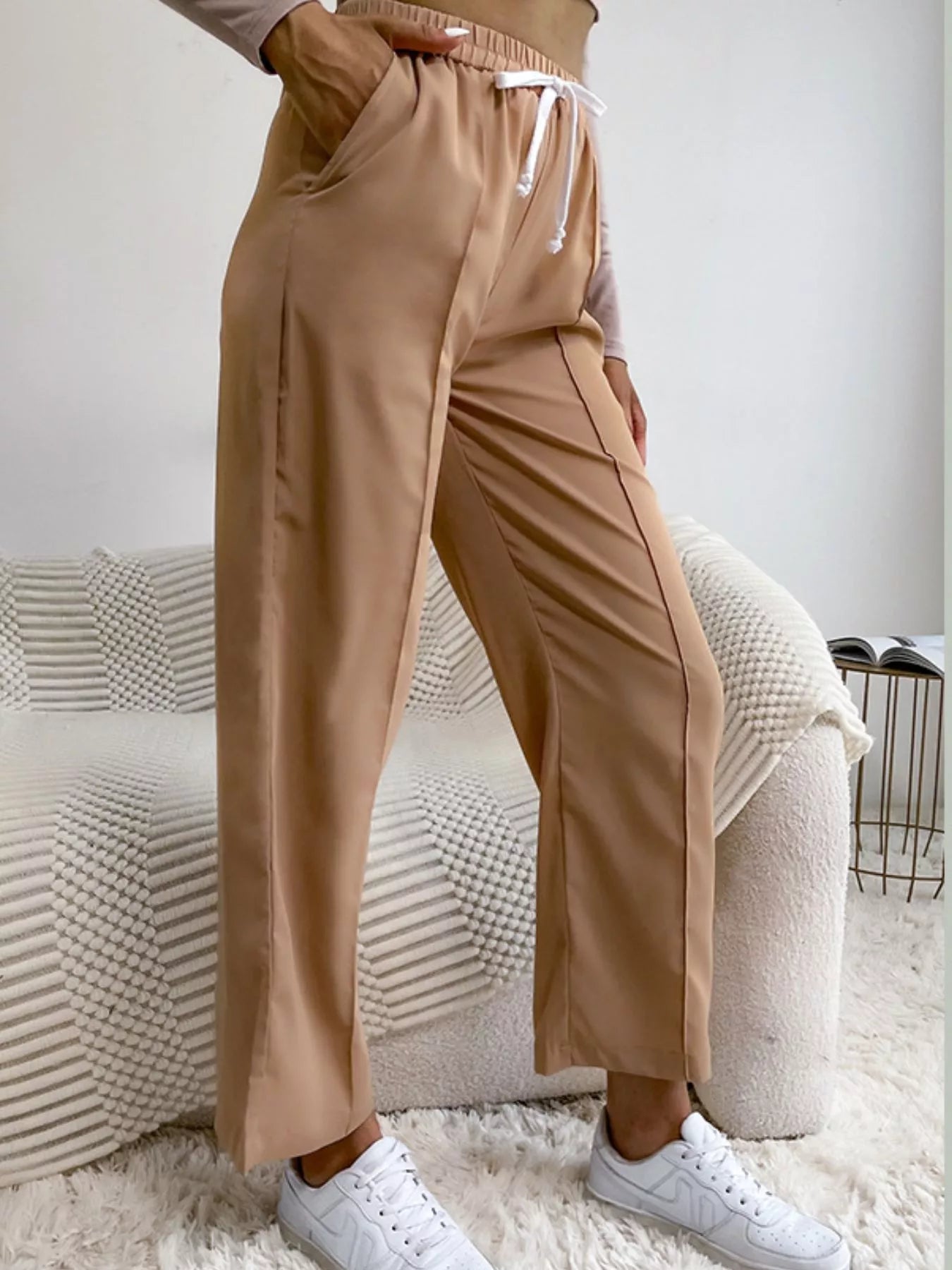 Wide Leg Drawstring Casual Pants OutfitFlow