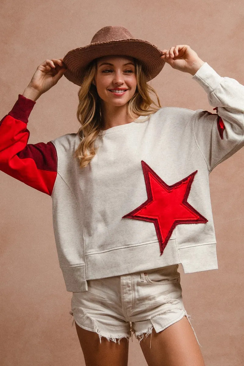 BiBi Star Patch And Spliced Hemline French Terry Long Sleeve Sweatshirt OutfitFlow