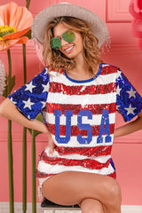 BiBi American Flag Theme USA Lettering Sequin Top OutfitFlow
